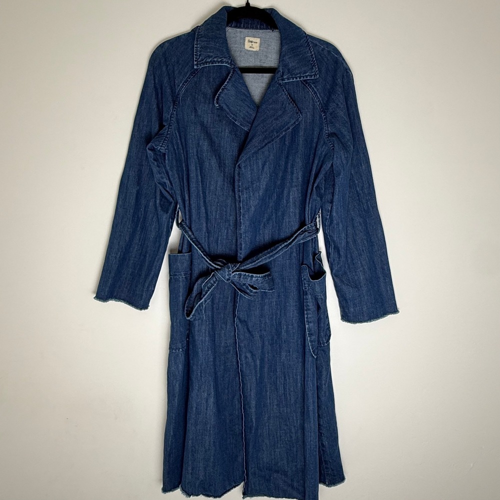 Gap 1969 Womens Medium Wash Denim Trench Coat Belted Frayed Hem Size M Y2K